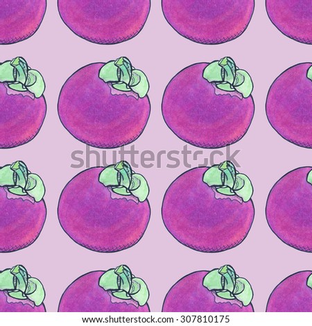 Mangosteen. Seamless pattern with mangosteens, whole fruit. Hand-drawn background. Real watercolor drawing.