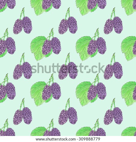 Mulberries. Seamless pattern with berries and leaves. Hand-drawn background.  Real watercolor drawing.
