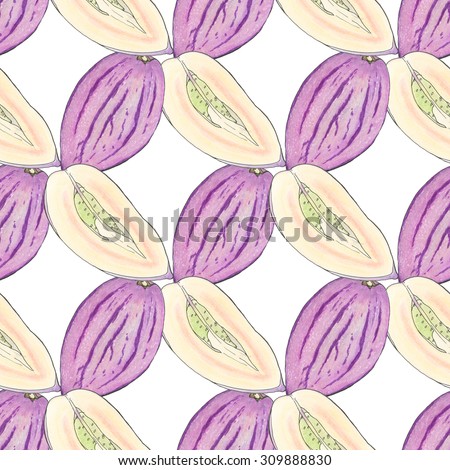 Pepino melon. Seamless pattern with fruits. Hand-drawn background. Real watercolor drawing.