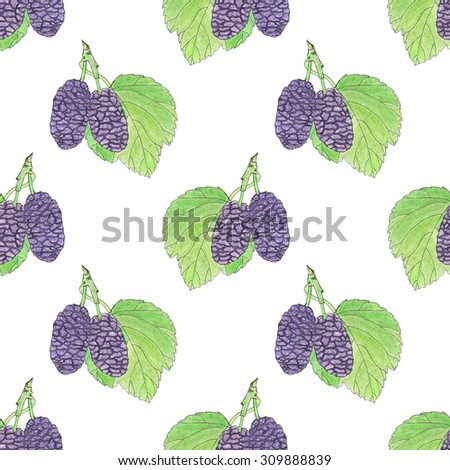 Mulberries. Seamless pattern with berries and leaves. Hand-drawn background.  Real watercolor drawing.