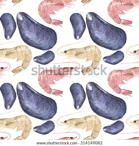 Seafood. Seamless watercolor pattern with oysters, mussels and sea prawn on the white background. Hand-drawn original background. Real watercolor drawing.