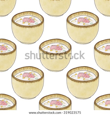 Plate of soup.  Seamless pattern with plates with soup. Hand-drawn original background. Real watercolor drawing.