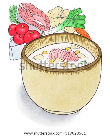 Plate of soup.  Hand-drawn bowl with soup and ingredients. Real watercolor drawing.