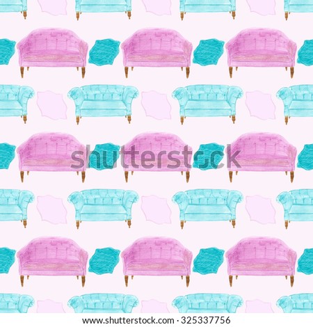 Sofa. Seamless pattern with divan. Hand-drawn original furniture background. Real watercolor drawing.