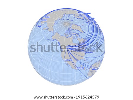 Globe centered to Edmonton, Canada. Vector map showing Edmonton, Canada's position on the world map, and its connections with other major cities. Suitable for digital editing and printing.