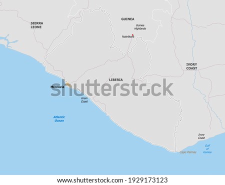 Map of Liberia. Map is drawn in high detail and for clarity shows only major cities. Country is drawn with neighboring countries.