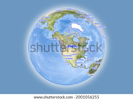 Calgary-Canada is shown on vector globe map. The map shows Calgary-Canada 's location in the world.