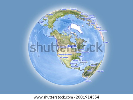 Regina-Canada is shown on vector globe map. The map shows Regina-Canada 's location in the world.