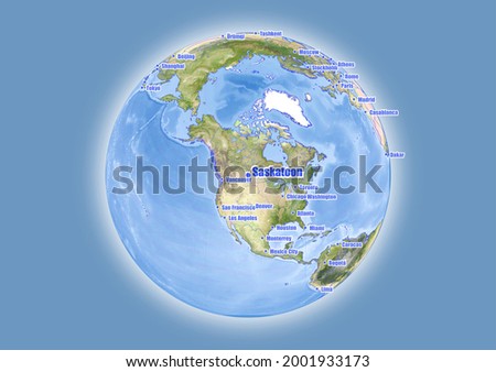 Saskatoon-Canada is shown on vector globe map. The map shows Saskatoon-Canada 's location in the world.