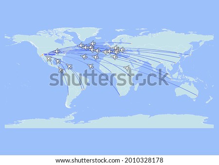 High detailed concept vector travel map for flights to Las Vegas-United States of America from major cities around the world. Vector suitable for digital editing and prints of all sizes.