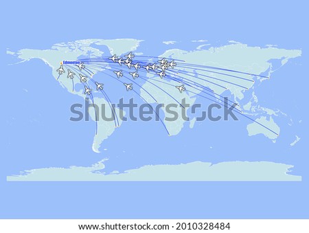 High detailed concept vector travel map for flights to Edmonton-Canada from major cities around the world. Vector suitable for digital editing and prints of all sizes.