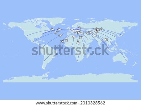 High detailed concept vector travel map for flights to Brussels-Belgium from major cities around the world. Vector suitable for digital editing and prints of all sizes.