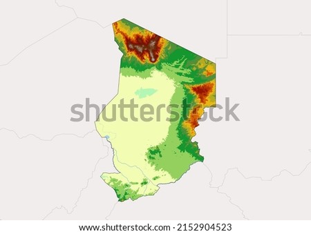 High detailed vector Chad physical map, topographic map of Chad on white with rivers, lakes and neighbouring countries. Vector map suitable for large prints and editing.