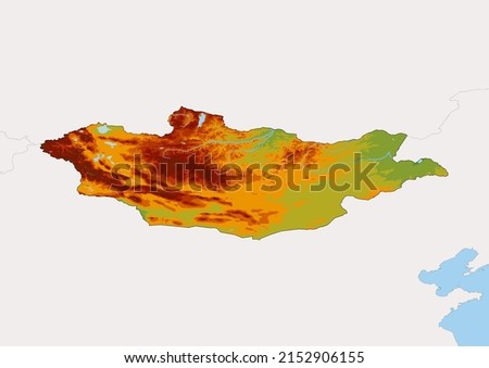 High detailed vector Mongolia physical map, topographic map of Mongolia on white with rivers, lakes and neighbouring countries. Vector map suitable for large prints and editing.