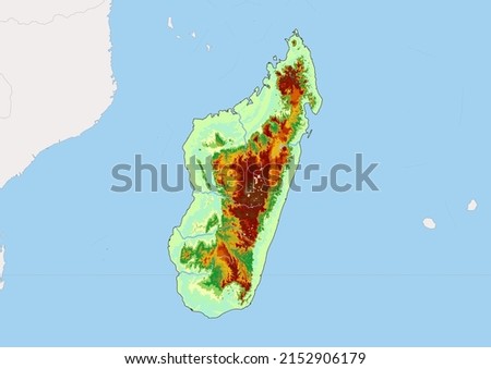 High detailed vector Madagascar physical map, topographic map of Madagascar on white with rivers, lakes and neighbouring countries. Vector map suitable for large prints and editing.