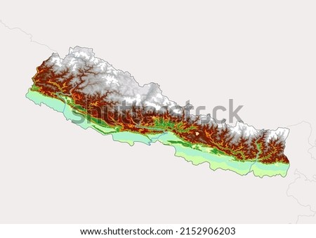 High detailed vector Nepal physical map, topographic map of Nepal on white with rivers, lakes and neighbouring countries. Vector map suitable for large prints and editing.