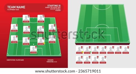 Football team formation template. World Soccer or football field 11 player avatar with numbers vector illustration. soccer starting lineup on field 