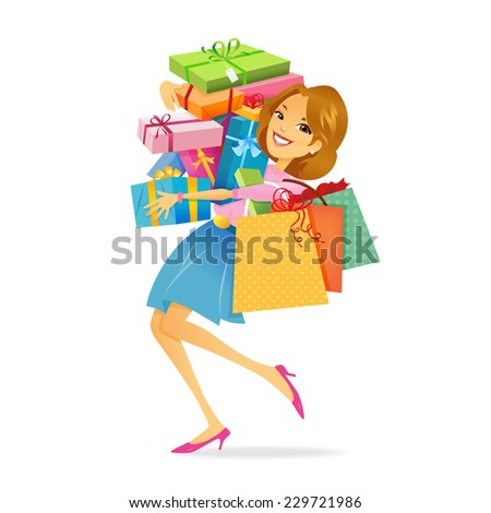 Woman Shopping Woman Carrying Lots Of Shopping Bags Stock Vector ...