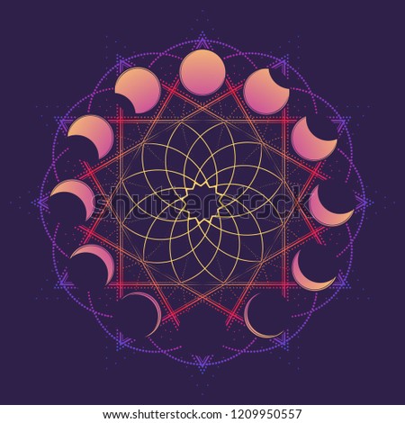 Circular ornament with moon in different phases. Viccan symbol of a white goddess. Line drawing isolated on a deep violet background. Tattoo design. EPS10 vector illustration