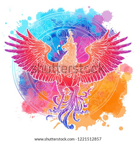 Mythycal bird Phoenix. Samsara wheel on a background. Sycle of life and death, symbol of rebirth. Tattoo, textile, poster design. Sketch isolated on textured watercolor background. EPS10 vector.