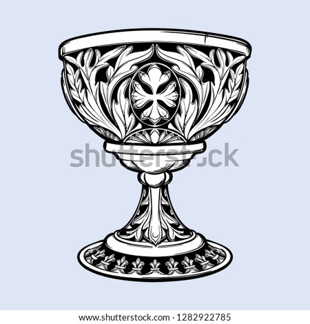 Decorative Goblet. Medieval gothic style concept art. Design element. Black a nd white drawing isolated on grey background. EPS10 vector illustration