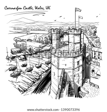 Caernarfon Castle, North Wales, UK, with a magnificent panorama of Snowdonia behind. Engraving style sketch. Vintage design. Travel sketchbook drawing. EPS10 vector illustration.