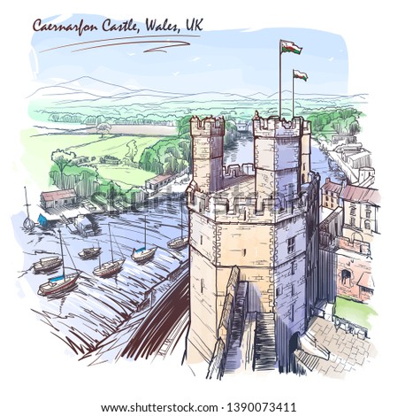 Caernarfon Castle, North Wales, UK, with a magnificent panorama of Snowdonia behind. Painted sketch. Vintage design. Travel sketchbook drawing. EPS10 vector illustration.