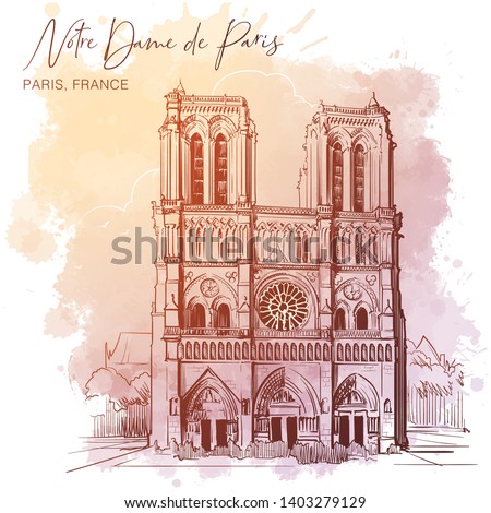 Notre Dame de Paris cathedral beautiful facade. Paris, France. Linear sketch on a watercolor textured background. Vintage design. Travel sketchbook drawing. EPS10 vector illustration