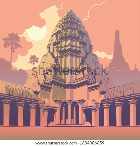 Centerpiece of the Angkor Wat temple complex in Cambodia representing the sacred Mount Meru of the Hindu religion. Sunset panorama. Vintage poster. EPS10 vector illustration