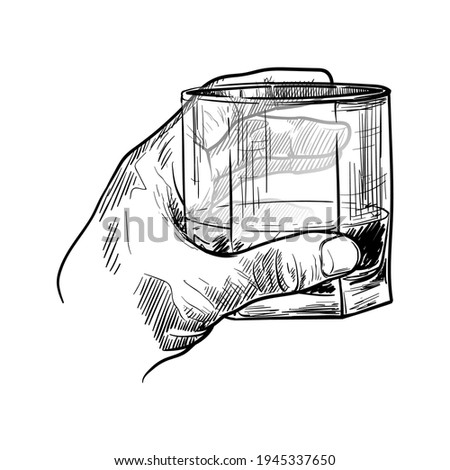 Male hand holding a whiskey glass. Black linear sketch isolated on white background. EPS10 vector illustration