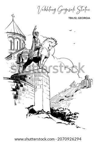 Metekhi Church and King Vakhtang Gorgasal Equisterian Statue in Tbilisi, Georgia. Sketch style black line drawing isolated on white background. EPS10 vector illustration
