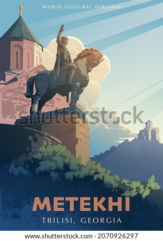 Metekhi Church and King Vakhtang Gorgasal Equisterian Statue in Tbilisi, Georgia. Poster style vector drawing. EPS10 vector illustration