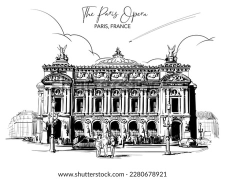 The Paris Opera building. Black line drawing isolated on white background. Postcard or Travel blog illustration. EPS 10 vector illustration.
