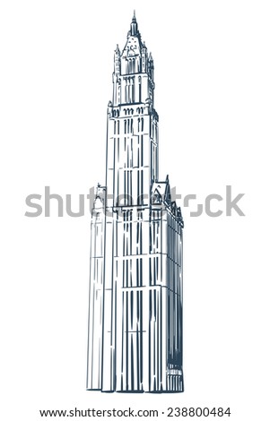 Famous neo-gothic wonder of New York - Woolworth building drawn in a simple sketch style. Isolated contour on white background. EPS8 vector illustration.