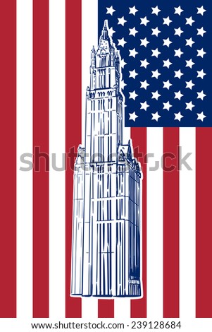 Famous neo-gothic wonder of New York - Woolworth building drawn in a simple sketch style. Isolated contour on USA national flag background. EPS8 vector illustration.