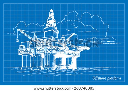 Offshore oil drilling platform. EPS10 vector illustration imitating blueprint style scribbling with white marker.