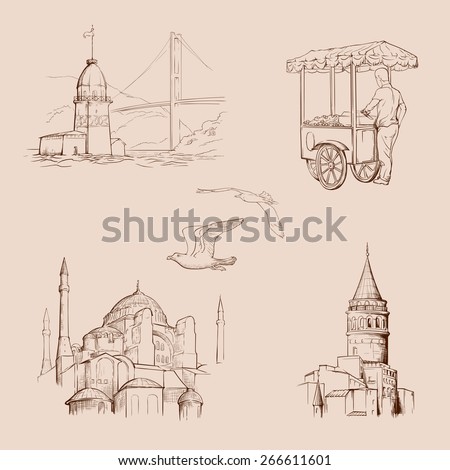 Main tourist attractions in Istanbul. Sketch style drawing isolated on a monochrome background. EPS10 vector set.