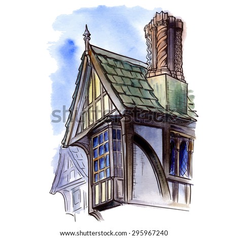 History of the British architectural styles. Tudor architecture. Half-timbered residential house. Sketch isolated in a separate layer above traced watercolor Background EPS10 vector illustration