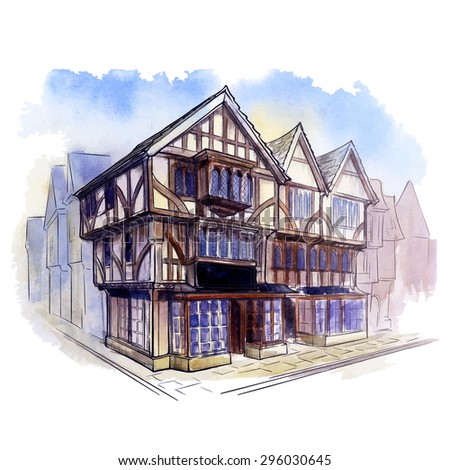 History of the British architectural styles. Tudor architecture. Half-timbered residential house. Line sketch isolated in a separate layer above traced watercolor Background EPS10 vector illustration.