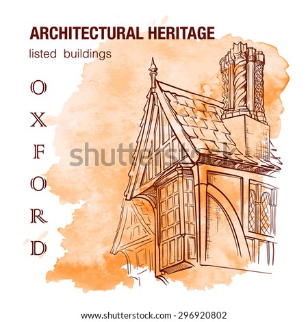 History of the British architectural styles. Tudor architecture. Half-timbered residential house. Sketch isolated on a separate layer above traced watercolor monochrome spot. EPS10 vector illustration