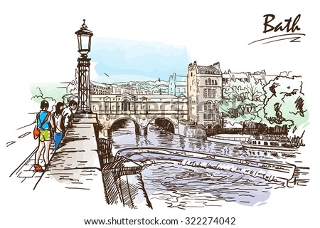 Panorama of river Avon and Georgian style Pulteney Bridge in the City of Bath, UK. Painted sketch imitating ink pen drawing above blurry watercolor. EPS10 vector illustration.