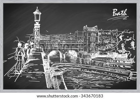 Panorama of river Avon and Georgian style Pulteney Bridge in the City of Bath, UK. Sketch  imitating chalk drawing on a blackboard. EPS10 vector illustration.