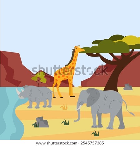  Illustration of a giraffe, rhino, and elephant gathered near a water source, with red rocky hills and a large tree providing shade in the background.