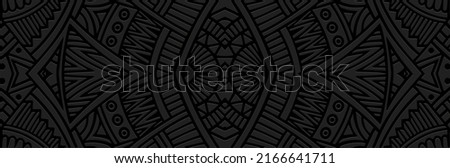 Banner, unique cover design. Embossed 3D pattern on a black background. Ethnic, tribal ornaments of East, Asia, India, Mexico, Aztecs, Peru for brochure, booklet, flyer, website.