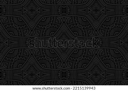 Embossed black background, ethnic cover design. Press paper, boho style with handmade elements. Tribal geometric decorative 3d pattern of East, Asia, India, Mexico, Aztec, Peru.