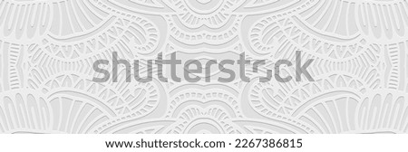Banner, vintage cover design. Embossed geometric 3d pattern on a white background. Ornaments handmade East, Asia, India, Mexico, Aztecs, Peru. Ethnic boho motifs.
