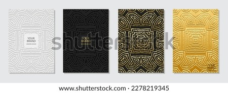 Cover set, vertical templates, vintage boho design. Collection of relief geometric backgrounds 3D pattern, press paper. A unique ethnic group of the East, Asia, India, Mexico, Aztecs, Peru.