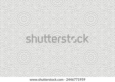 Embossed white background, ethnic cover design. Geometric elegant 3D pattern. Tribal handmade style, doodling, boho. Ornamental vintage exoticism of the East, Asia, India, Mexico, Aztec, Peru.