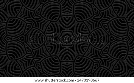 Embossed black background, tribal cover design. Geometric decorative 3D pattern, boho motifs, business card. Ethnic ornaments, arabesques, handmade. Traditions of the East, Asia, India, Mexico, Aztec,