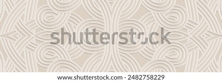 Banner, cover design. Relief geometric ethnic decorative 3D pattern on a white background. Abstraction from lines. Ornaments, handmade. Motifs of the East, Asia, India, Mexico, Aztec, Peru.